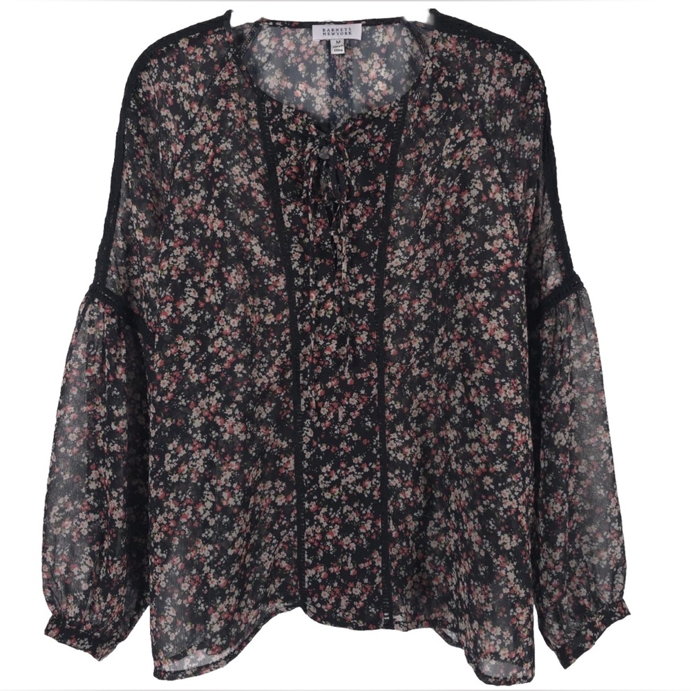 BARNEY’S NEW YORK Floral Print Tie Neck Blouse Sheer Lace FT1110 MEDIUM